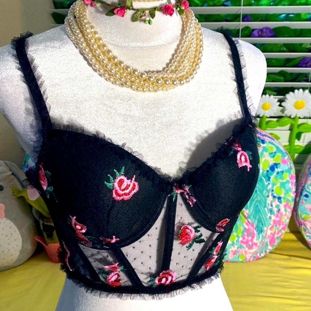 Black corset style padded longline bra with pink embroidered flowers